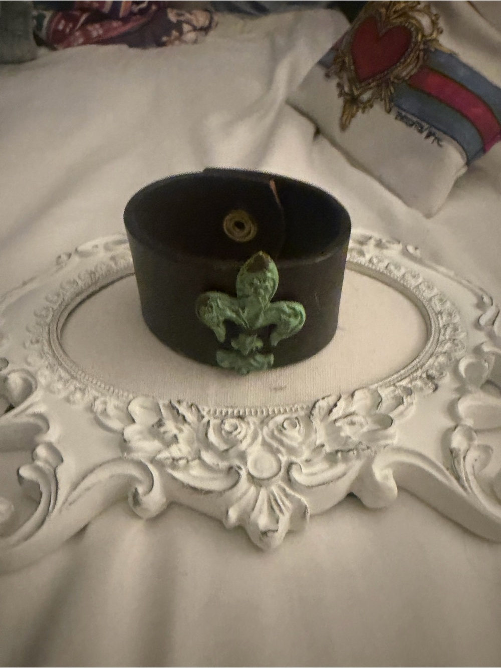 Wide Leather Cuff Bracelet with Green Fleur-de-Lis Accent